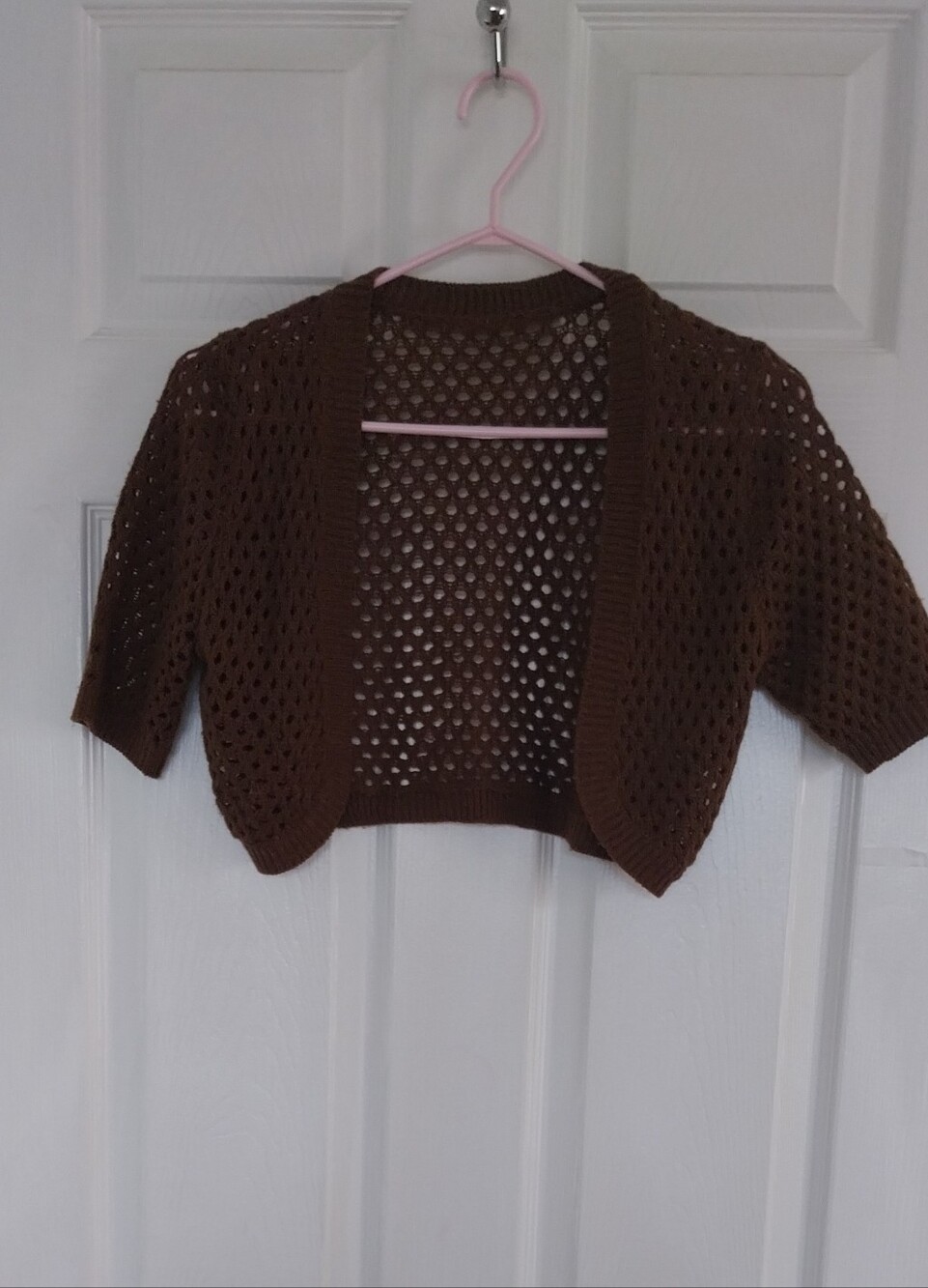 Brown Open-Knit Women's Cropped Cardigan Sweater